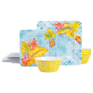 Laurie Gates Tropicalla 12-Pc Square Melamine Dinnerware Set