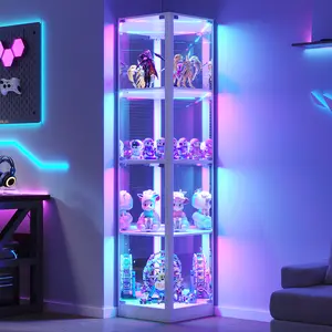 Lvifur Glass Display Cabinet with RGB Lights- 68" Display Case with 4-Tier Shelfs, Corner Curio Cabinets for Collectibles/Toys/Books, LED Storage Cabinet