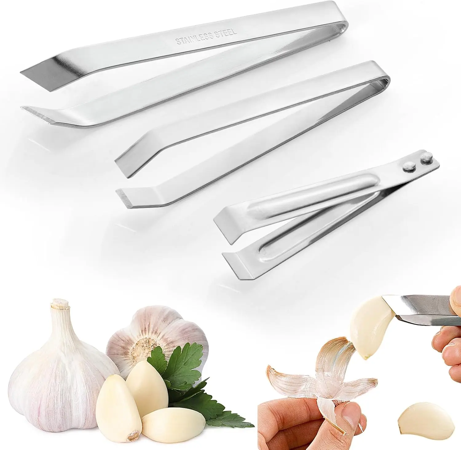 3PCS Stainless Steel Garlic Peeler Set - Easy Skin Remover for Quick Peeling - Kitchen Tool for Cooking