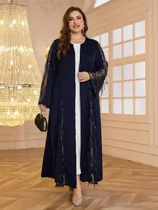 Muslim Women Ramadan Elegant Sequined Abaya Dress, Dubai Style Beaded Round Neck Long Sleeve Gown, Stylish and Comfortable