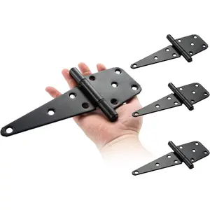 6 Inch Black Heavy Duty T-Strap Gate Hinges, 4 Pack, with Screws for Outdoor Barn Gates, Wooden Fences and Shed Doors