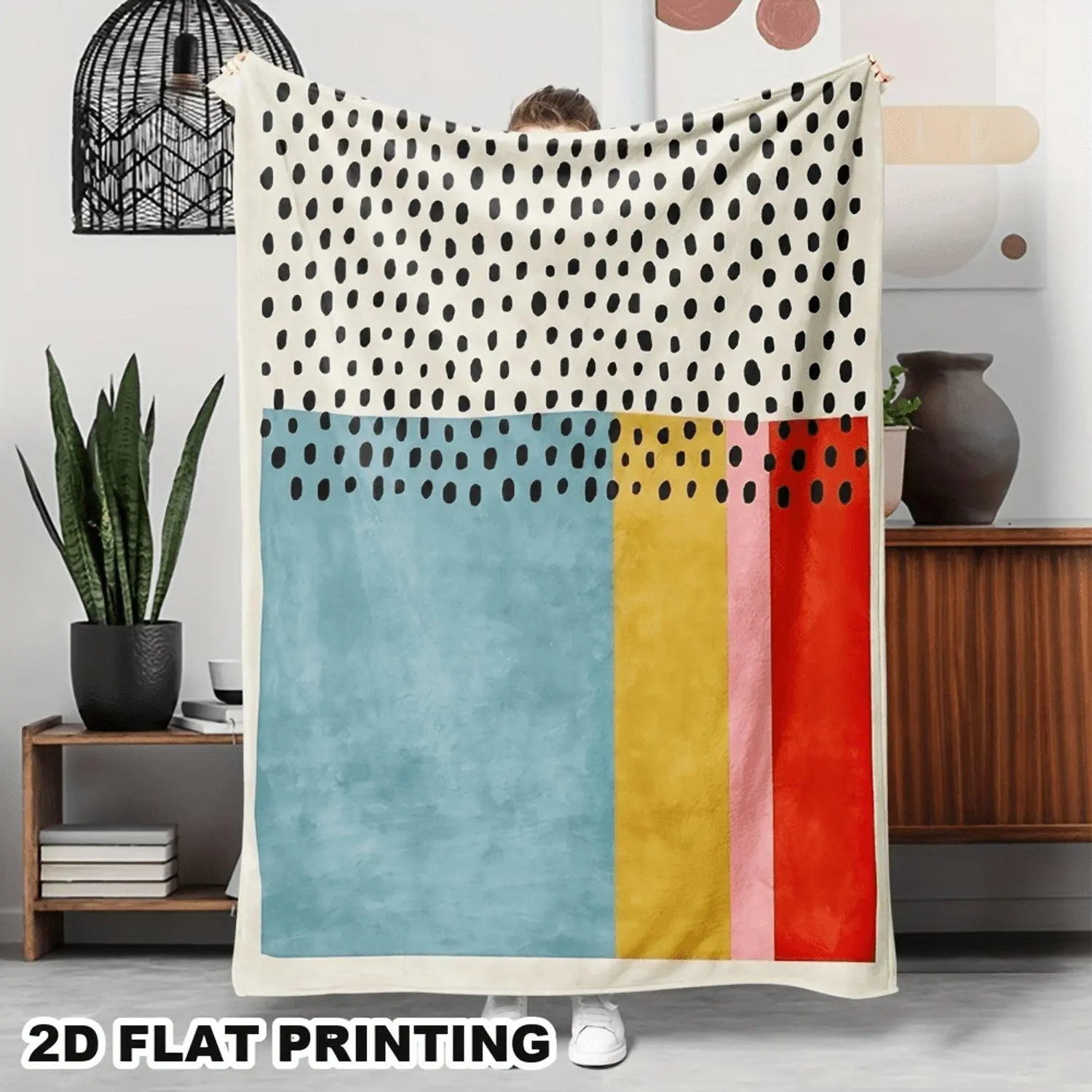 2D Flat Soft Flannel Striped Plush Blanket, Light Beige/Soft Green/Mustard Yellow/Pink with White Dots Design, Lightweight All-Season Blanket, Perfect for Bed, Sofa, and Travel, Comfortable Bed Cover or Home Decor, Machine Washable, Ideal Gift