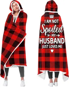 Red Buffalo Plaid Sherpa Hoodie Blanket for Wife – Soft Wearable Gift from Husband for Birthday, Anniversary, Christmas _ Home & Kitchen