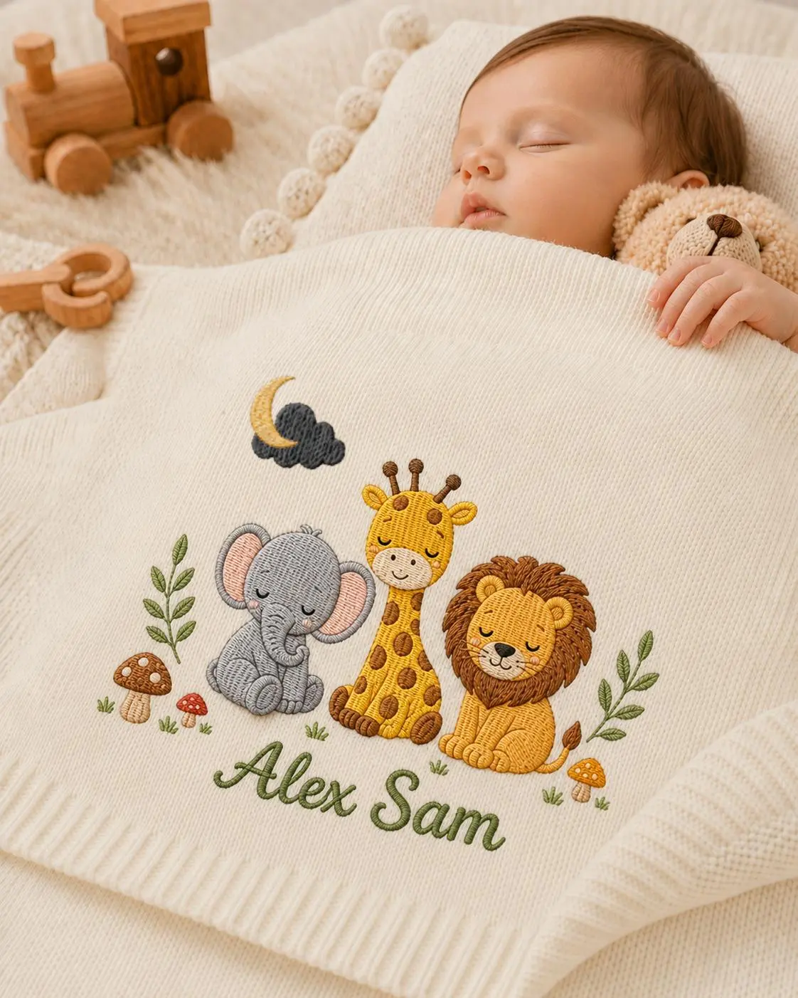 [Made-to-Order] Personalized Embroidered Safari Baby Blanket, Custom Wild Animal Knit Blanket with Name, Sleeping Lion Elephant Giraffe Nursery Gift, Newborn Keepsake