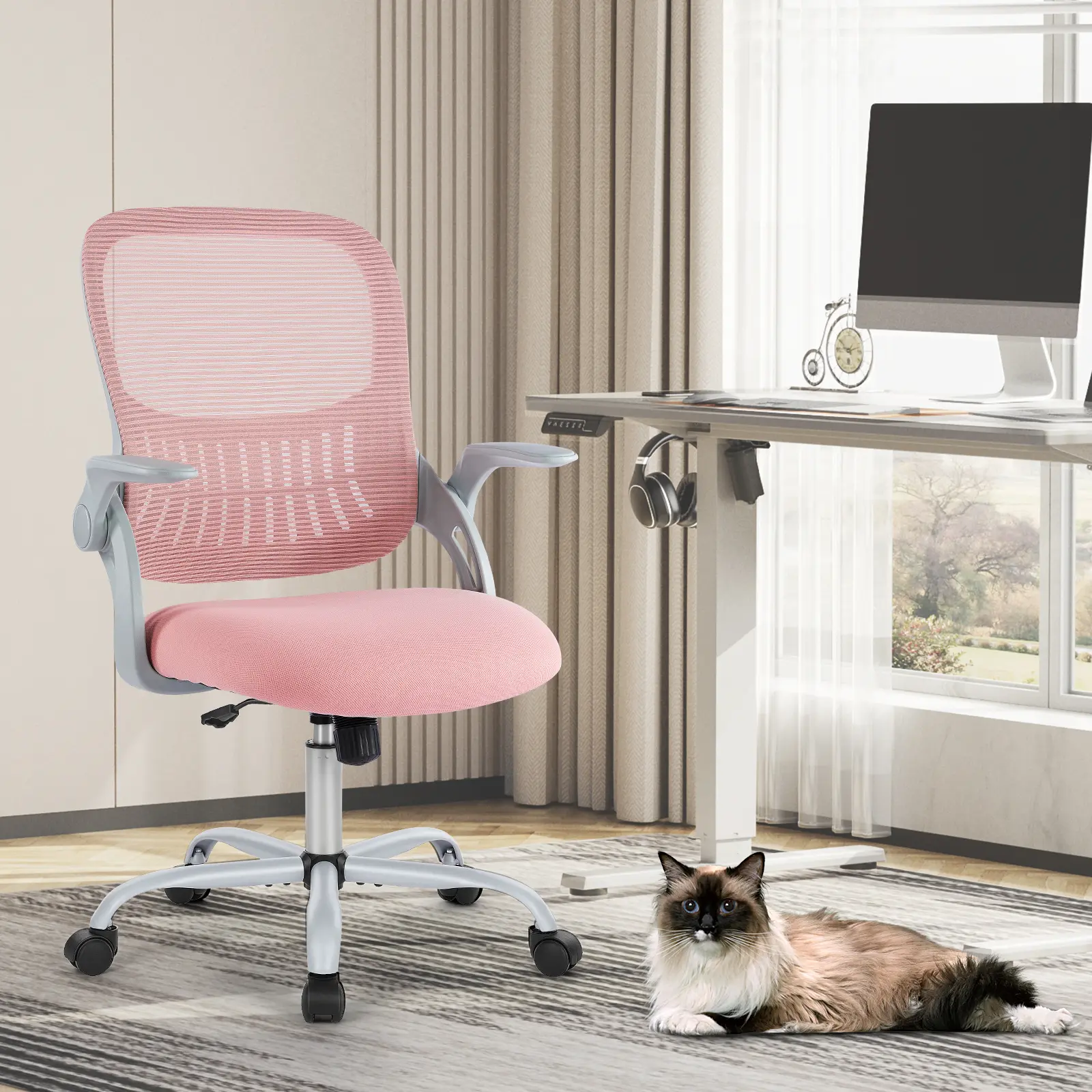 Pink Ergonomic Home Office Desk Chair - Mid-Back Mesh Swivel Computer Chair with Lumbar Support, Flip-up Armrests & Wheels for Student Study, Gaming or Home Office