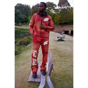 Maroon Rebel Denim Jeans with Distressed Logos Rhinestone Embellishments Heavy Weight Material