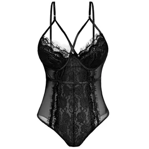 Parthenope Lingerie for Women Snap Crotch Sexy Lace Bodysuit One Piece Deep V Neck Teddy Lingerie Babydoll