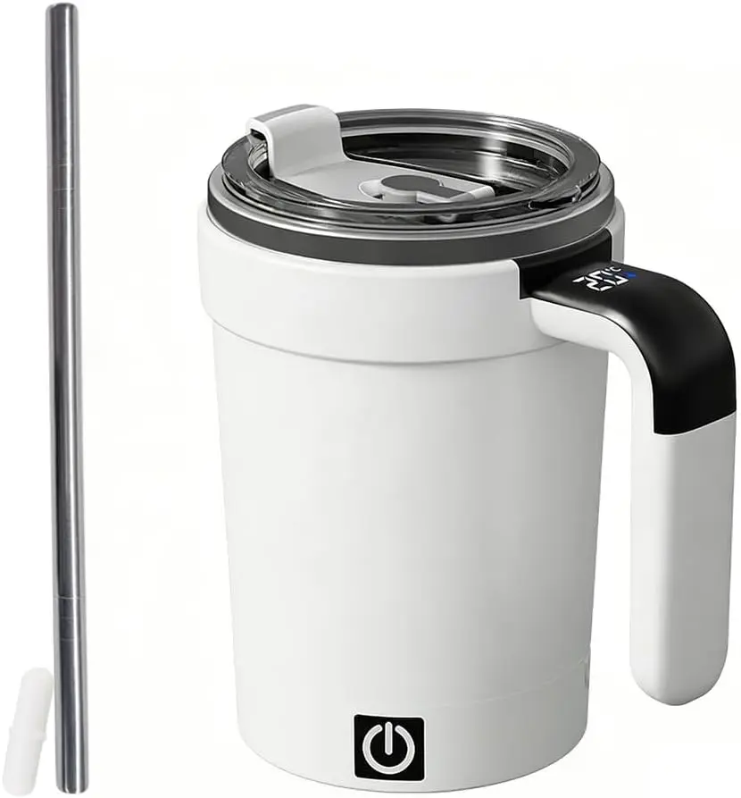 Automatic Magnetic Stirring Coffee Mug with Temperature Display, ABS, 380ml, White, Double Wall, Leak-Proof