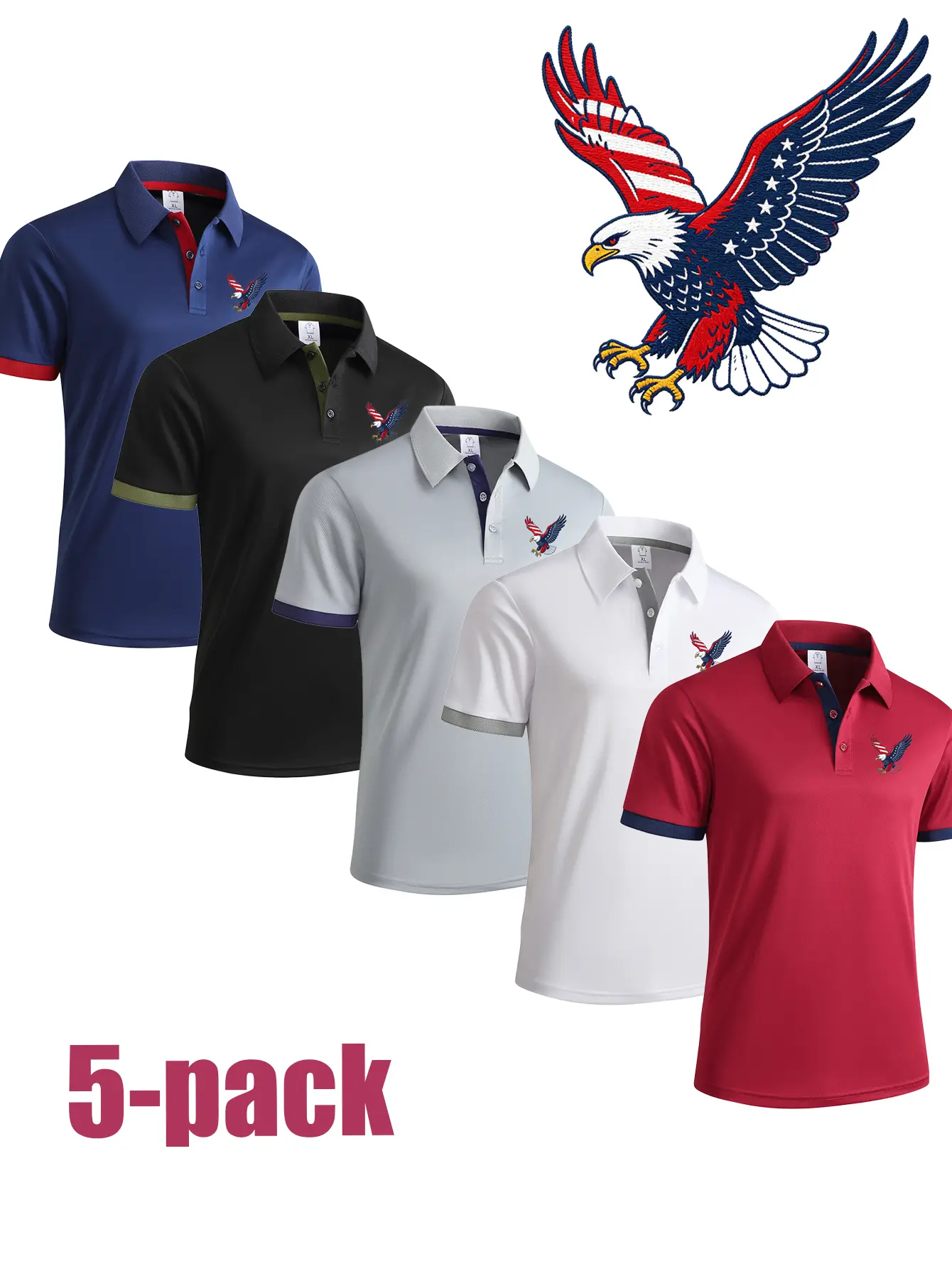 5-Pack American Eagle Chest Patch Printed Men’s Colorblock Business Casual Polo Shirt Short-Sleeve T-Shirts, Breathable, Turn-Down Collar, Multiple Colors Black Blue Basic Fabric Shortsleeve Top