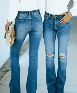 Women's Ripped High Waisted Flared Jeans Wide Leg Destroyed Denim Pants Casual Cotton Blend for Daily Wear & Gatherings