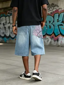 2026 American Retro Straight Leg Washed Seven-Eighths Jeans Shorts, Cherry Blossom Embroidery, Floral Design, Men's Summer Casual Wear