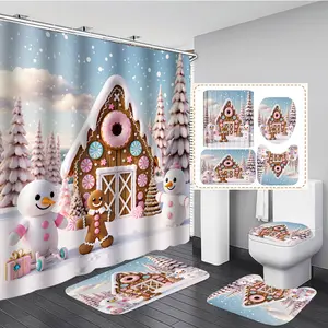 1/3/4PCS CHRISTMAS STYLED GINGERBREAD HOUSE WITH SNOWMEN Shower Curtain Set with Rugs, Non Slip Bath Mat, U-Shape Carpet, Toilet Lid Cover, Polyester Fabric Bathtub Curtain Accessories, 12 Hooks, Home Bathroom Festival Decor