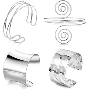 4 count  Arm Cuff Bracelets for Women Chunky Open Wrap Cuff Bracelet Set Adjustable Upper Arm Bracelet Bangle Statement Bracelet Minimalist Irregular Armband Coil Swirl Arm