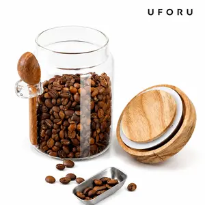 UFORU Round Airtight Glass Food Storage Jars BPA-Free Reusable Canister with Bamboo Lid and Spoon for Coffee Beans, Tea, Cereal and Spice，25.36oz Airtight Glass Food Storage Jars with Bamboo Wood Lid & Spoon,dealsforyou#SummerWins