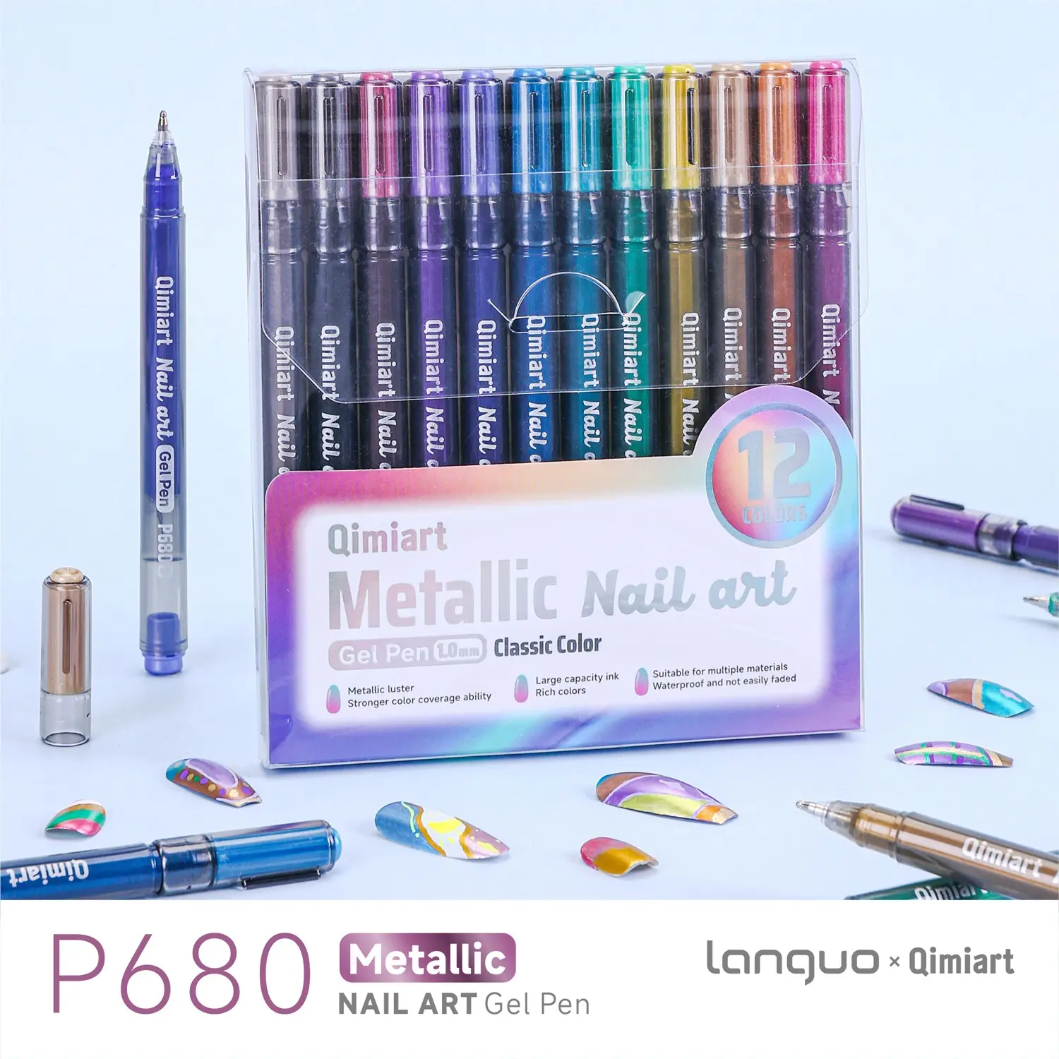 Languo Qimiart P680 Nail Art Pen, 12 Colors 1.0mm Metal Tip, High Saturation, Waterproof, Multi-Material Use, DIY Design Tool