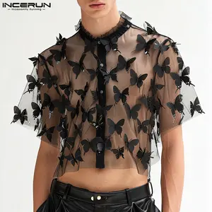 INCERUN Men's Crew Neck Short-Sleeve See-Through Printed Mesh Shirt - Basic Mensfashion Menswear Top