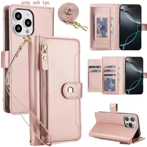 Zipper Wallet Card Slots Crossbody Wrist Strap Phone Case for IPhone 17 Air 16 Pro Max 15 Plus 14 13 12 11 Flip Leather Cover
