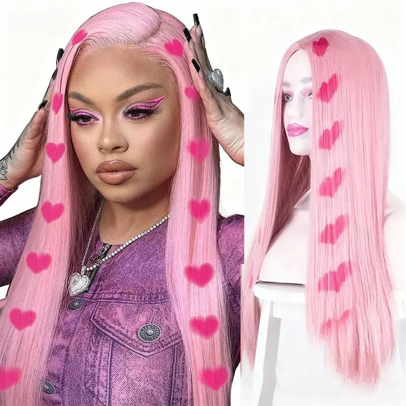 26 inch Love style Long Straight Wig Middle Part Pink wig Natural Looking Synthetic Heat Resistant Fiber Wig for Party Daily Use Glueless Straight Wigs Fluffy Straight Wigs