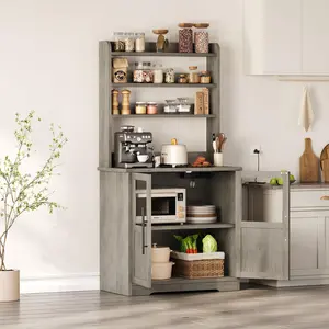 Farmhouse Bakers Rack with Charging Station & Glass Door Cabinet, Rustic Wood Microwave Stand Coffee Hutch for Kitchen, Living & Dining Room,Grey