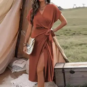 Women's Plus Size Short Sleeve Flowy Wrap V Neck Knot Side Midi Party Dress