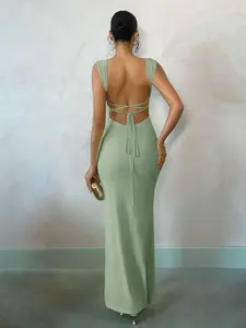 Summer Seaside Beach Vacation Light Yellow Pastel Macaron Sexy Backless Long Dress, Suitable For Daily Dating, Night Out, Nightclub, Party, Get-Together, Cocktail Party, Pool Party, Holiday Dress,Mint Green Dress Party Dresses For Women