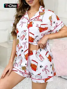 2-Piece Spring/Summer Women's Set: Full-body Bow, Star, Beverage Print Short Sleeve Shorts - Soft Fitted Top with Small Pockets, Turned-Down Collar, Elastic Waistband - Suitable for Home, Casual, Everyday Wear, Sleepwear, Pajama, Pjs, Loungewear