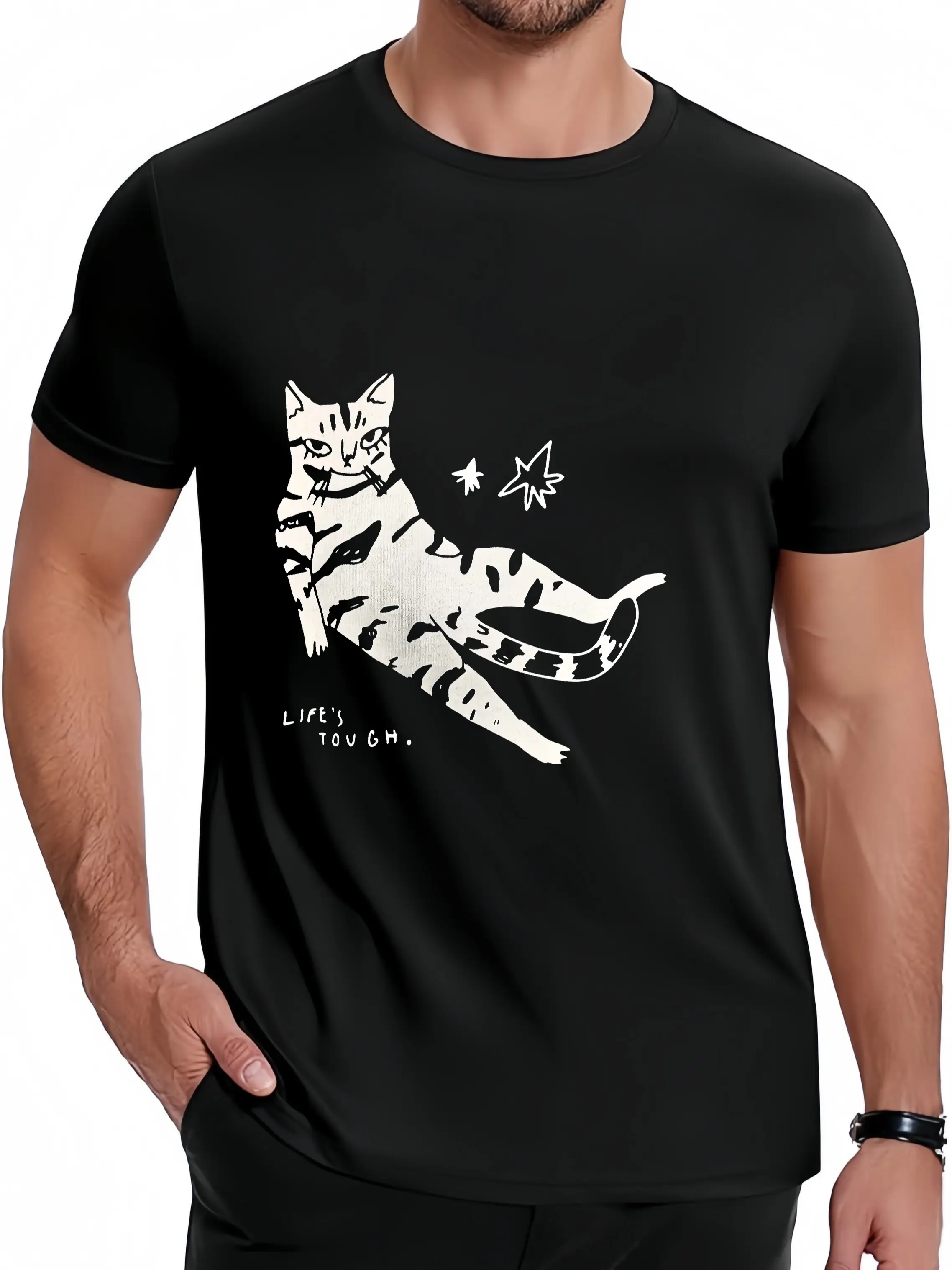 Lazy Tabby Cat Star Graphic Print Tees Life's Tough Slogan Vintage Sketch Streetwear Tops Soft Breathable Casual Daily Summer Outfit Aesthetic Indie Shirts for Men Women 000287