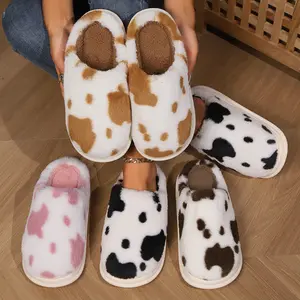 Cow Print Slippers Cute Animal Spotted Soft Warm Plush Furry on Sandals Fuzzy Plush for Women Warm Home Bedroom Indoor