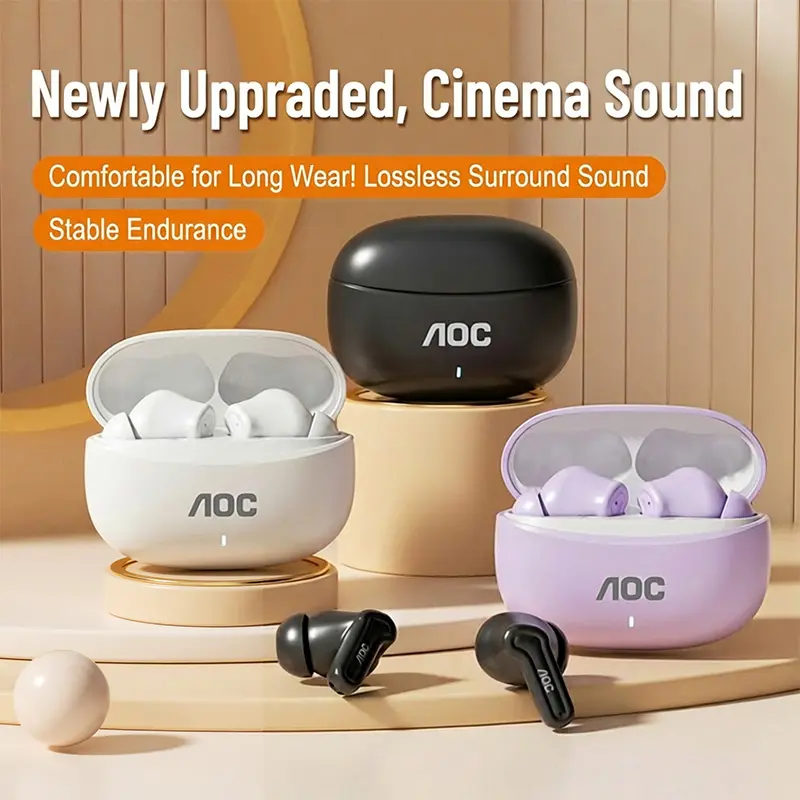 2026 New AOC T05 Semi-In-Ear Earbuds | ACS Panoramic Sound Dual Mic Call Noise Reduction Low Latency Gaming Bluetooth Headset