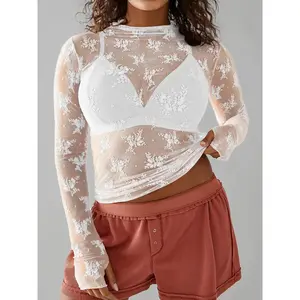 Women's Plus Size Sheer Lace Overlay Cropped Top Blouse, Sexy Slim-Fit Fashion Long Sleeve Tee for Summer, Trendy Solid Color Top