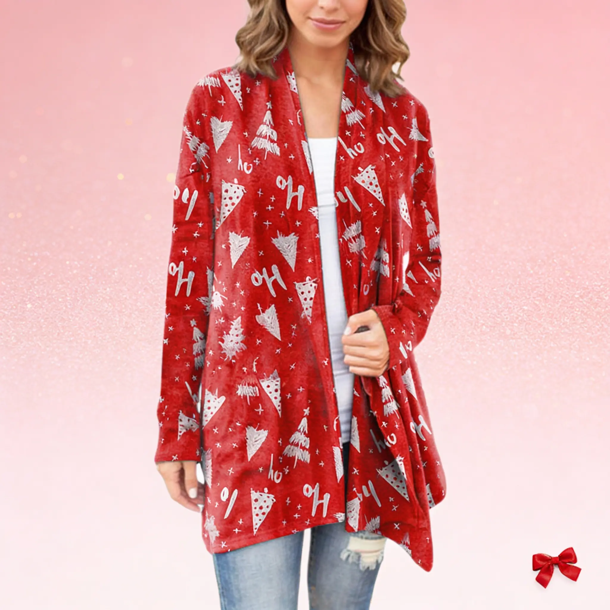 Women's Fashion Longsleeved Christmas Print Polyester Knit Cardigan - Casual Loose Open-Front Long-Sleeved Comfortable Top for Winter Festive Wear, Longsleeves, V-Neck, Skirts, Full Length, Festive Print, Holiday Chic, Slim, Knitwear, Fit, Loose Fitting,,