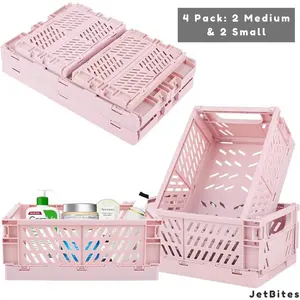 4 Pack Folding Storage Crate, 2 Medium+2 Small Collapsible Baskets for Home & Office, Space Saving Basket Organizers, Instant assembly basket, Easy-to-set-up sturdy basket, Stackable Storage Basket & Organizer
