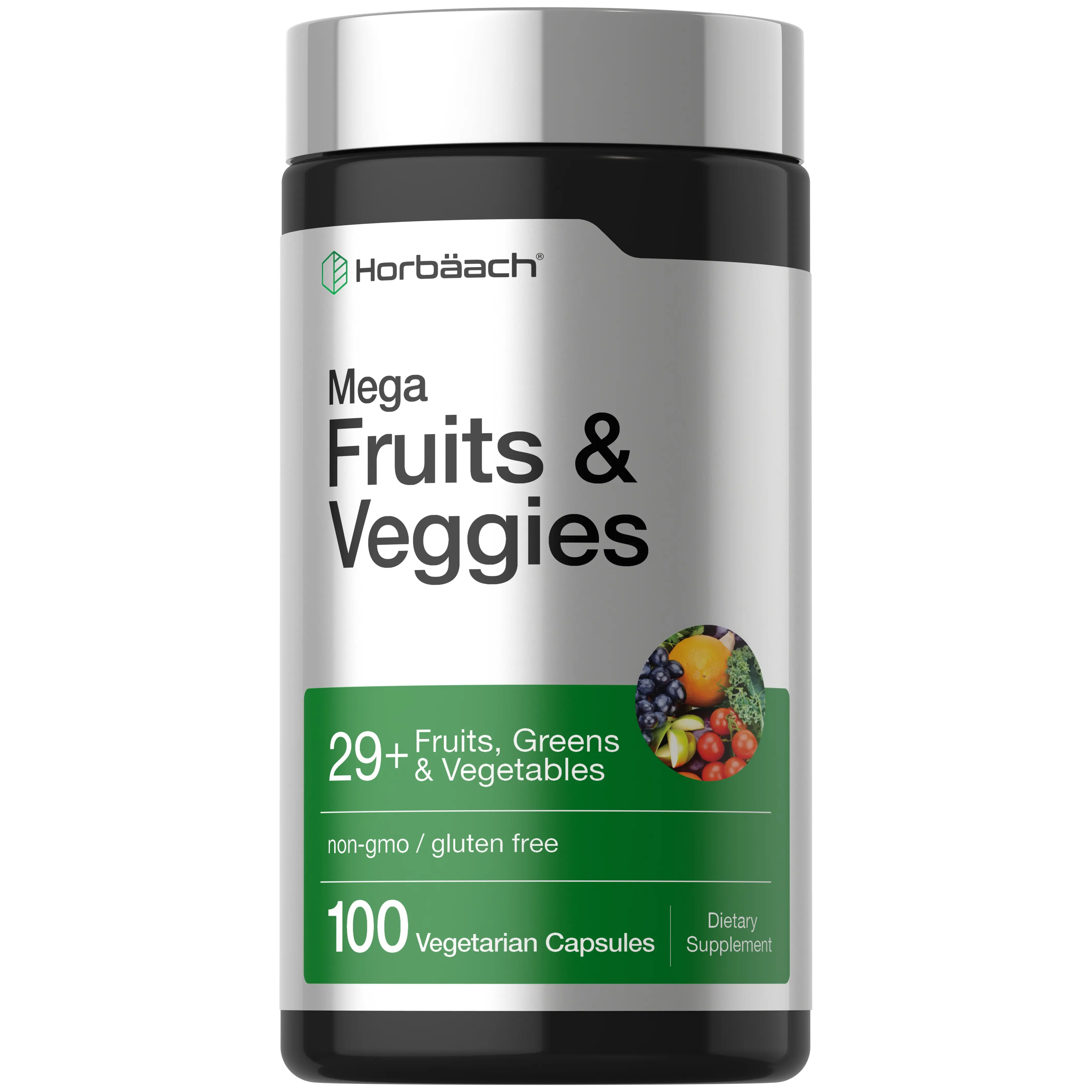 Horbäach Mega Fruits and Veggies Supplement | 100 Capsules | Vegetarian, Non-GMO and Gluten Free