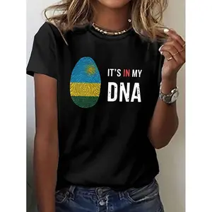Country It S in My Dna Rwanda Print T-Shirt, Short Sleeve Crew Neck Casual Top for Summer & Spring, Women'S Clothing