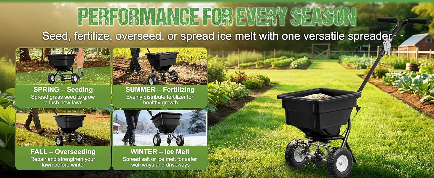 Fertilizer Spreader 100LB Capacity, Walk-Behind Push Broadcast Spreader with Hopper Screen & Rain Cover, 0–10FT Spreading Width, Seed & Salt Spreader, 12" Pneumatic Wheels, 30-Level Flow Control