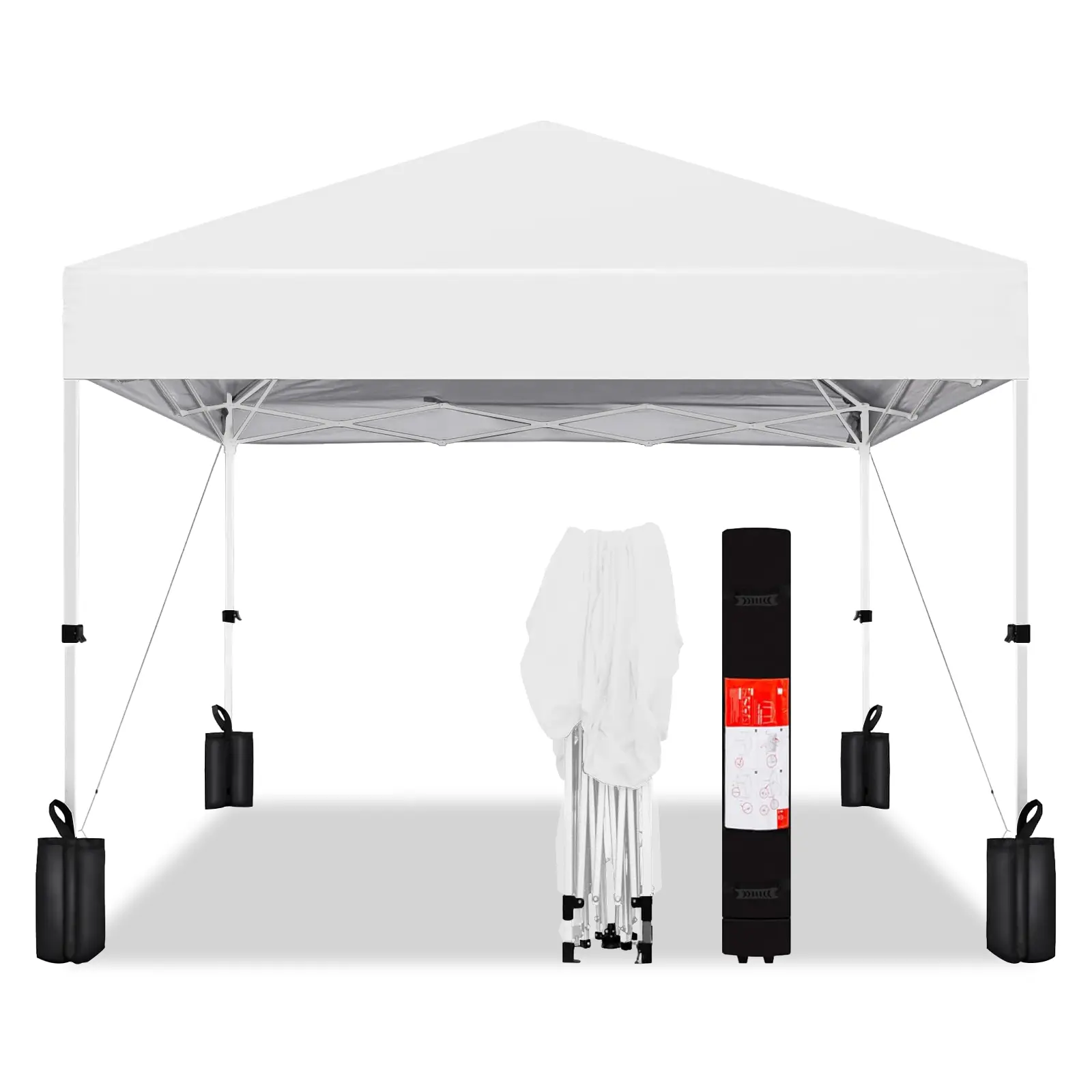 SummerVibes 10x10ft Pop Up Canopy Tent, 1-Person Setup Instant Portable Shelter w/ Central Button, Wheeled Carry Bag, 4 Weight Bags, for Patio, Backyard, Party, Beach, White