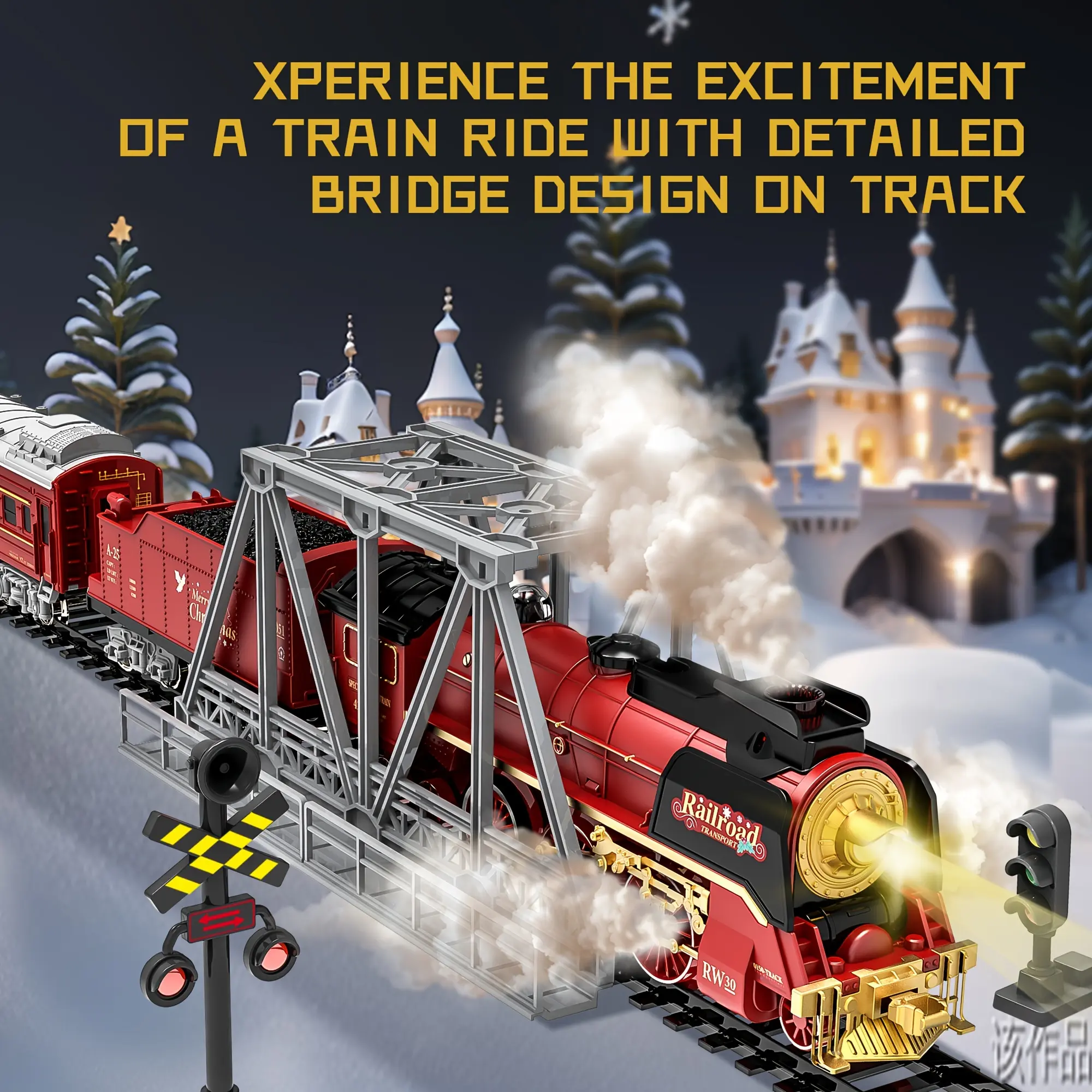 Upgrade Remote Control Christmas Train Set - Tracks, Smoke, Lights, Sound, Unisex City Simulation Toy for Ages 3-8 Kids, Holiday Gift for Children Development