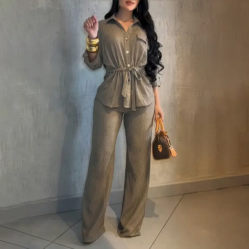 ChicMe Women's 2 Pieces Outfit Vintage Turn-down Collar Roll Up Sleeve Button Front Flap Pocket Design Waist Drawstring Top and Elastic Waist Wide Leg Pants Set Casual Textured Commuting Set/Vintage Button Front Commuting Set