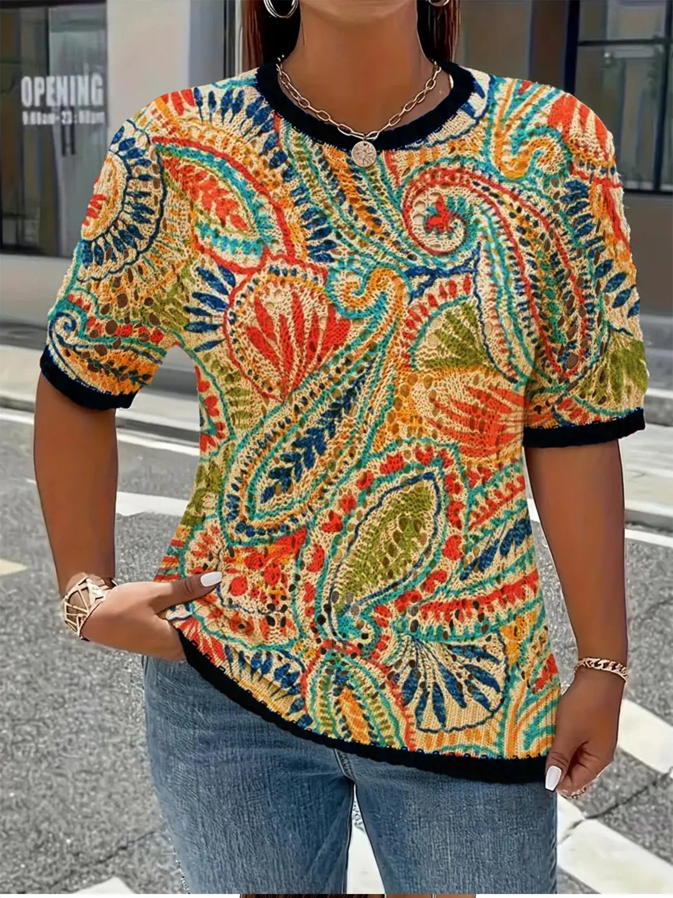 Women's Spring Summer New Paisley Print Round Neck Short Sleeve Knit Sweater, Hollow Out Design, Casual Comfortable Breathable