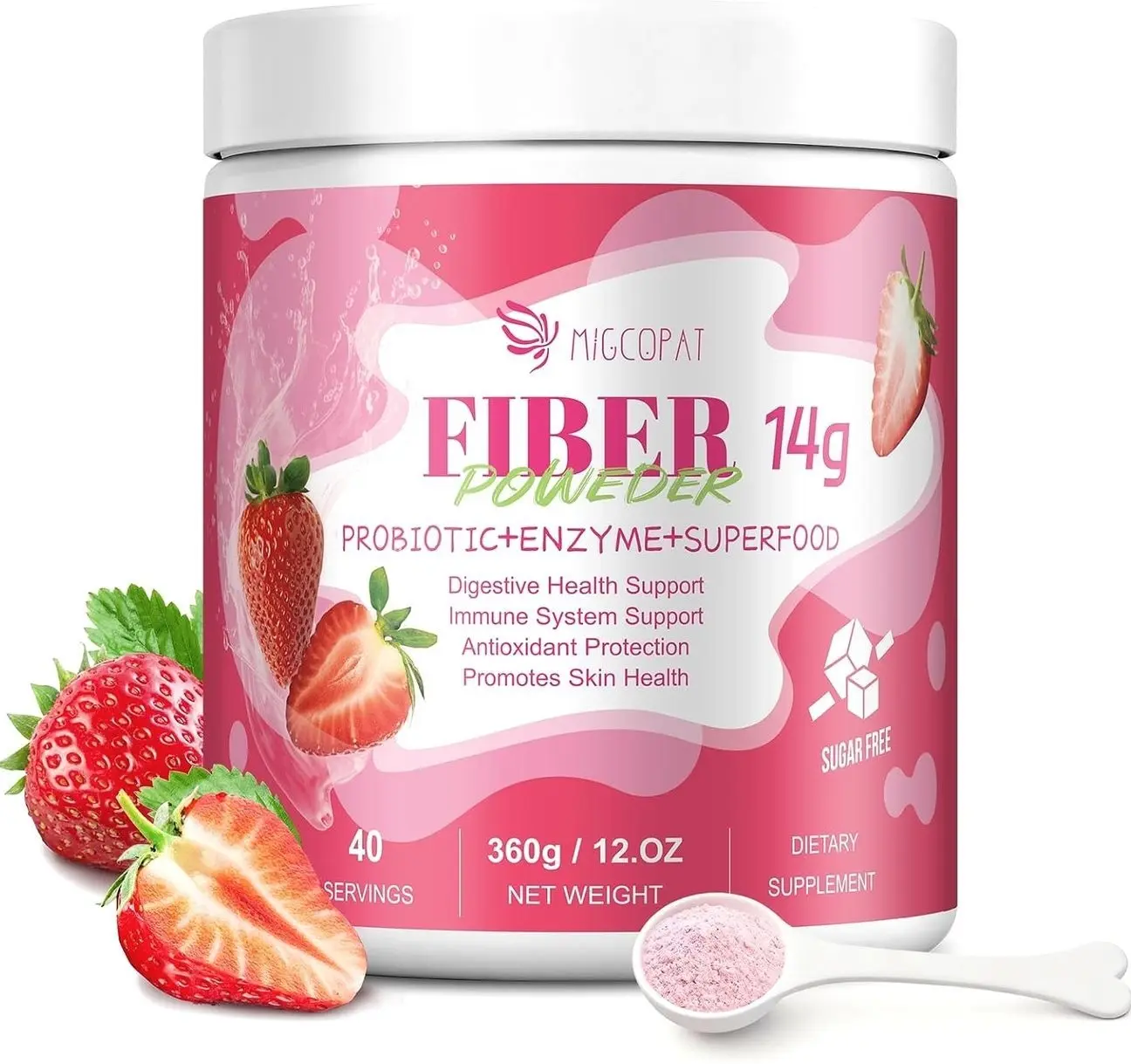 14G Fiber Supplement with Probiotics, Prebiotics, Digestive Enzymes, Vitamin C, Magnesium, Fruit&Herb Powder, Fiber Powder for Digestive Health & Skin Health, No Sugar, Strawberry, 40 Serv.