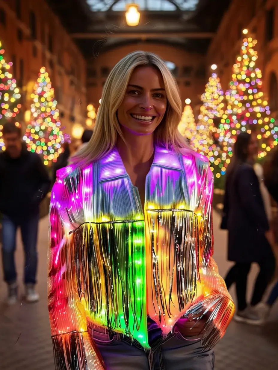 Women's Sparkly Sequin Tassel LED Light-Up Jacket with Adjustable Strap, Casual SYNC Cowgirl Disco Costume Top for Christmas Concerts, Burning Man Events