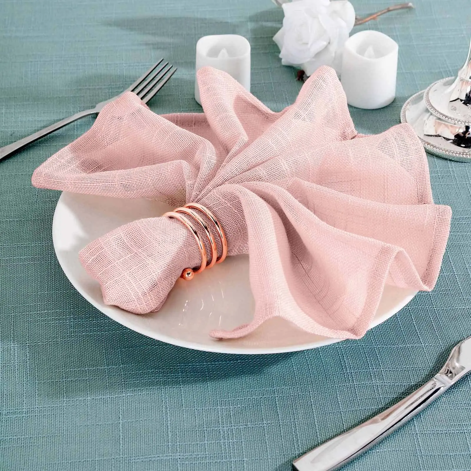 5 Pack Faux Linen 20"x20" Blush Rustic Tableware Napkins - Slubby Textured, Wrinkle Resistant, Reusable Washable Cloth Napkins, Reusable Washable Napkins