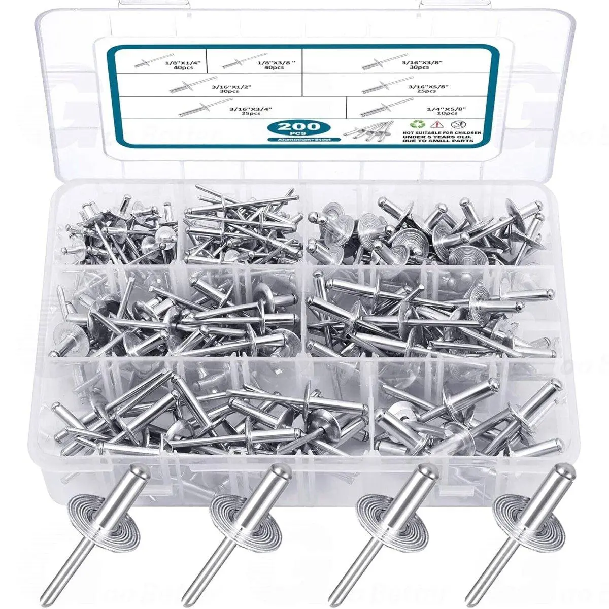 Corrosion-Resistant Aluminum Blind Rivets Assortment Kit - 200-Piece SAE Sizes Hardware Fasteners in Inches for Furniture, Tools & Hardware Applications