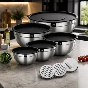 Heavy-Duty Stainless Steel Mixing Bowls Set (8/20pcs) - 201 Rust-Resistant Nesting Bowls with Airtight Color-Coded Lids, Non-Slip Silicone Base, Polished Finish - 7,3.5,2.5,2,1.5,1,0.67QT for Baking, Serving