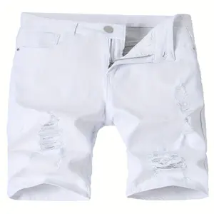 Men'S Stretch Denim Shorts - Slim Fit, Ripped Design, Casual Street Style, Machine Washable, White, Comfortable & Stylish for Attire,