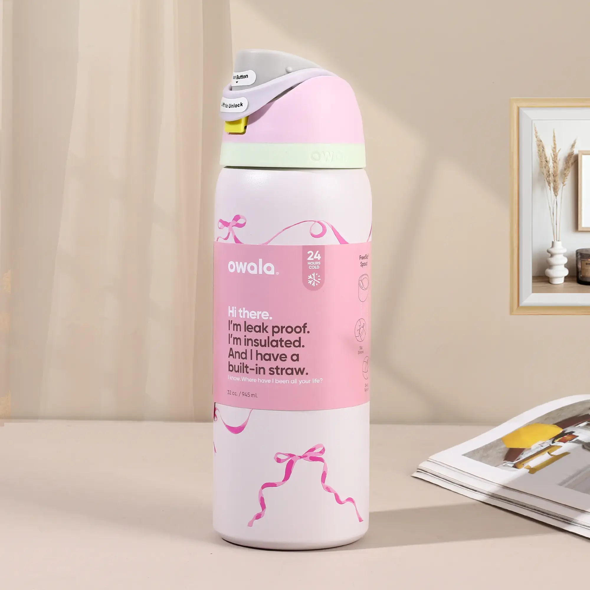 Owala 32oz Pink Ribbon Print Insulated BottleLeak-Proof with Built-in Straw for Daily Use &Desk Decor Portable Tumbler Flask DrinkwareBottled life Mug - Printed