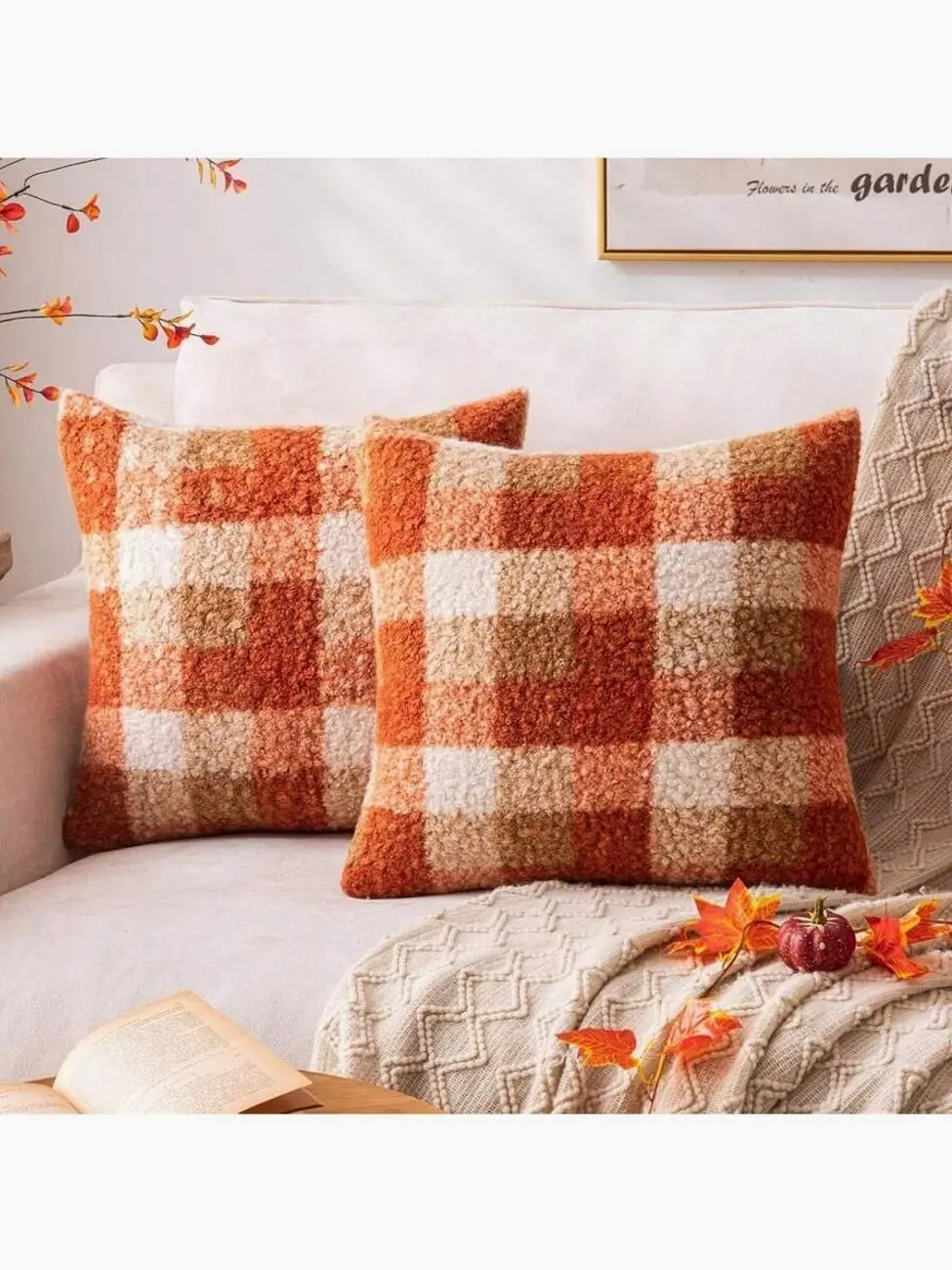 Plaid Fall Pillow Covers, 2 Piece 18x18 Inch Boucle Cushion Covers, Cozy Fluffy Farmhouse Throw Pillowcases for Sofa Couch Bed Autumn Decor