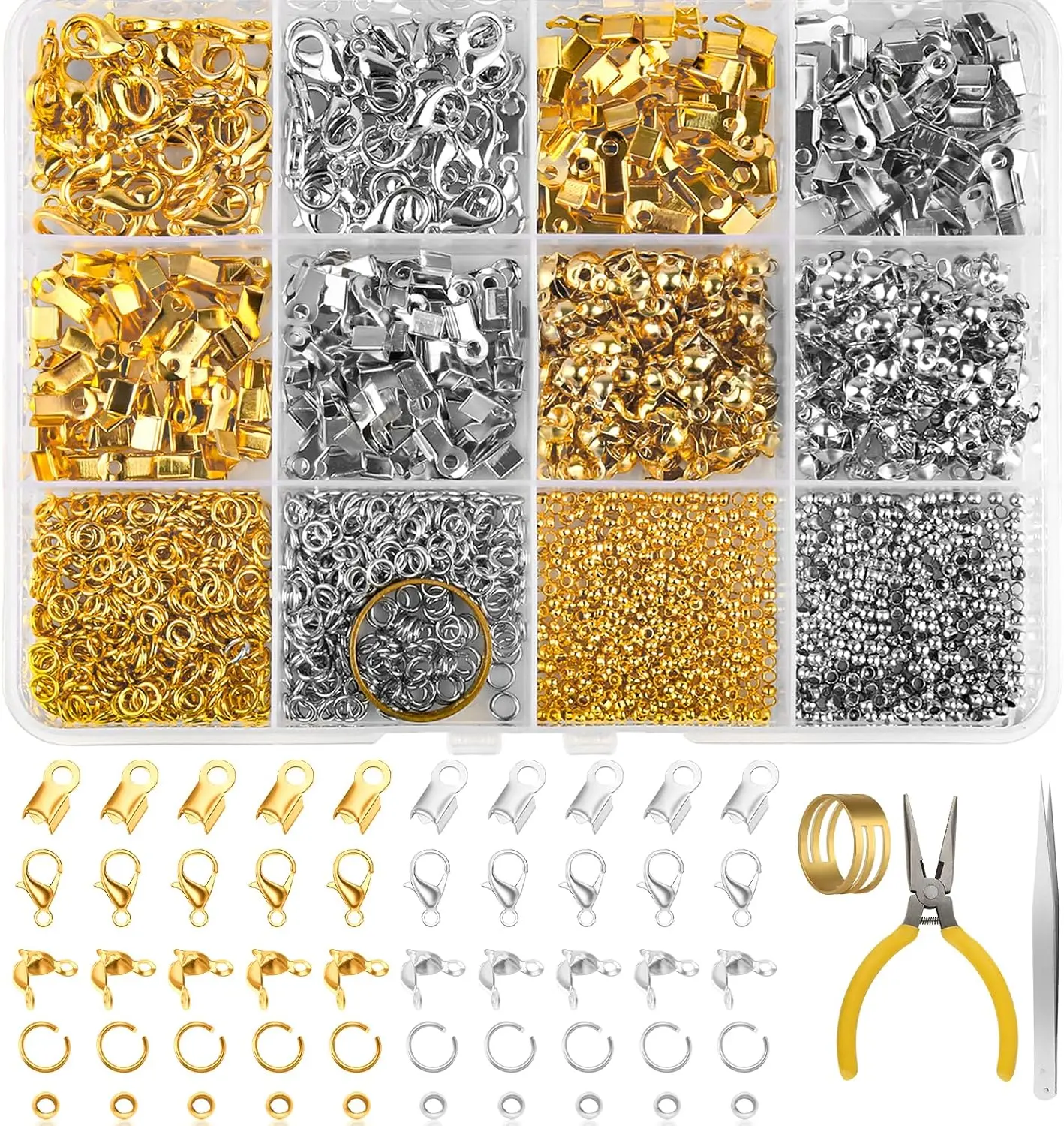 1273-Piece Gold and Silver DIY Jewelry Making Accessories Set with Lobster Clasps, Bag Clasp Rolled Edge Ends, Clips, Connectors, Positioning Beads, Rings, 1 Pointed Nose Pliers, 1 Straight Tweezer – Ideal for Beginners (Gifts for Friends)