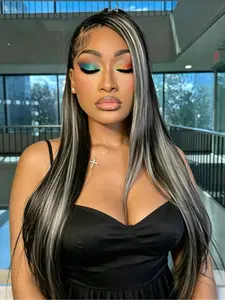 Black White Highlight Wigs 13x4 Lace Front Wigs Skunk Stripe Highlight Blended Highlights Synthetic Wig Long Soft HD Lace Straight Wig Pre-Plucked Hairline Lace Frontal Wigs for Women Vacation Party Music Festival 28 Inch Straight Wear Wigs