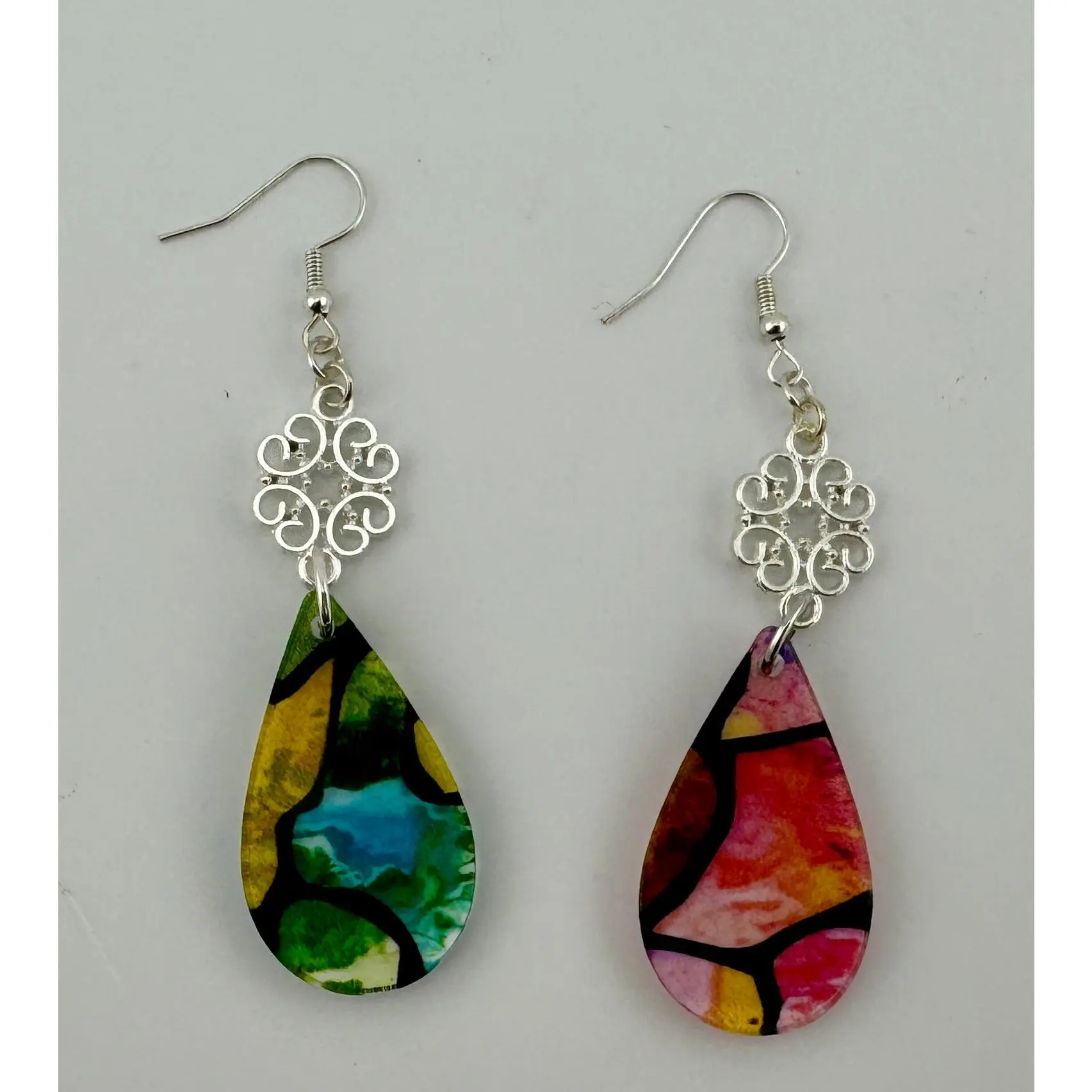 Garden Glass Earrings – Translucent Acrylic Drops with Silver Scrollwork